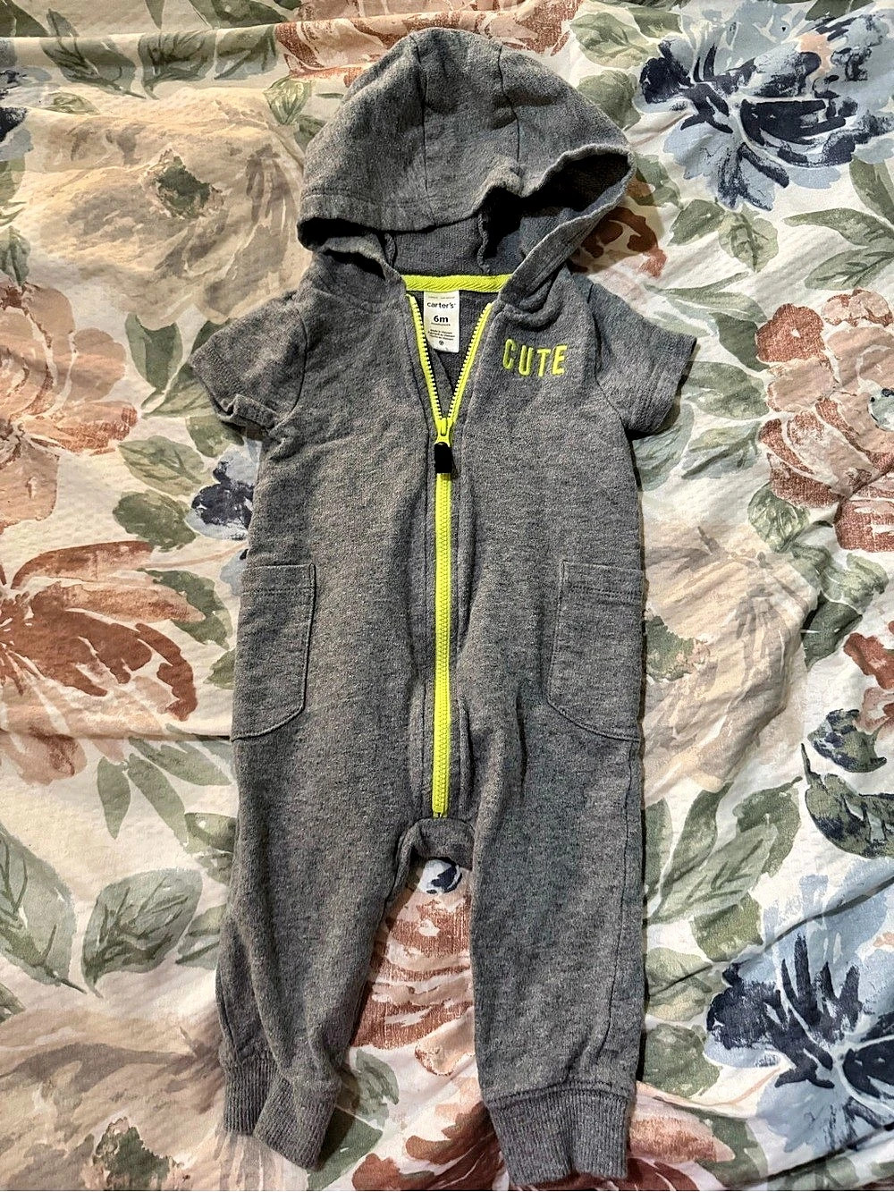 Carter's Gray Hooded Romper Baby 6m Like New